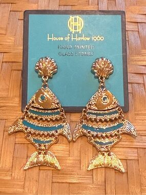 House of Harlow 1960 Gold & Turquoise Fish Drop Earrings NWT